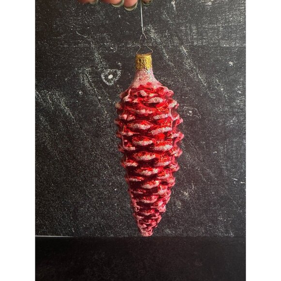 Inge Glass Large Red Blown Glass Glittered Pine Cone Christmas Ornament 6.5" Han - Picture 4 of 6